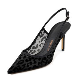[KUHEE] Sling-back 2034K 8cm-High Heels Leopard Fishnet Mule Daily Handmade Shoes-Made in Korea